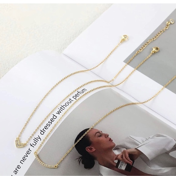 Gold 14k Gold Plated Two Piece CZ Bar & Heart Pendant Necklace Set - Picture 3 of 3